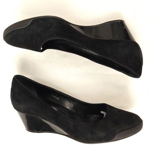 Tod’s Zeppa Decolette Women’s Wedge Pump Sz 37 Black Suede Patent Leather Heel - Picture 4 of 8